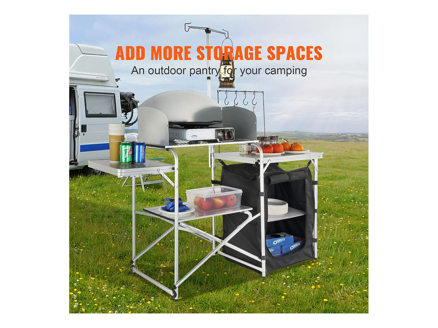 Table de Cuisine de Camping Portable SucceBuy, Table de Jardin, Station de Barbecue Pliante avec Pare-Brise