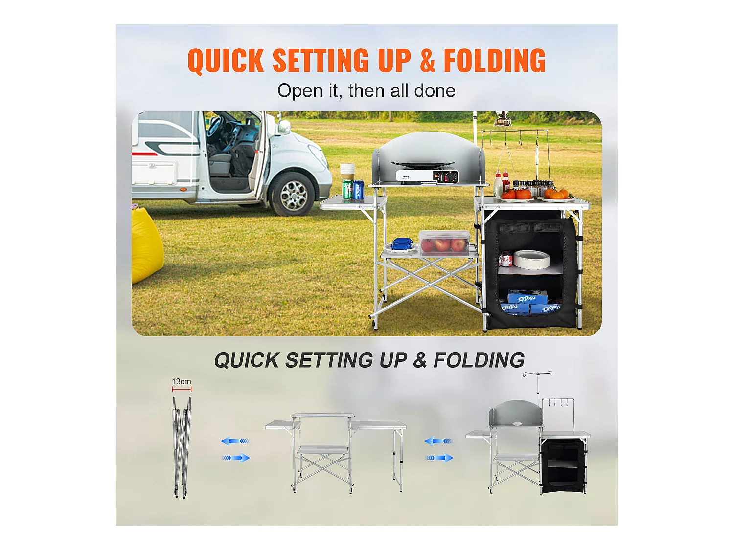 Table de Cuisine de Camping Portable SucceBuy, Table de Jardin, Station de Barbecue Pliante avec Pare-Brise