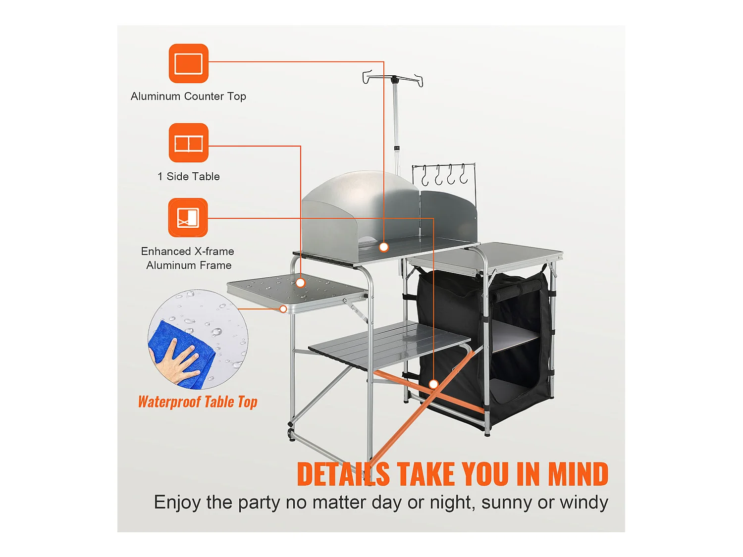Table de Cuisine de Camping Portable SucceBuy, Table de Jardin, Station de Barbecue Pliante avec Pare-Brise