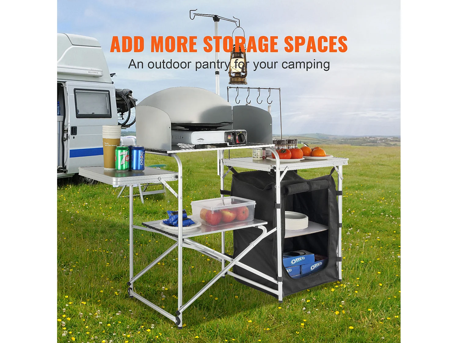 Table de Cuisine de Camping Portable SucceBuy, Table de Jardin, Station de Barbecue Pliante avec Pare-Brise