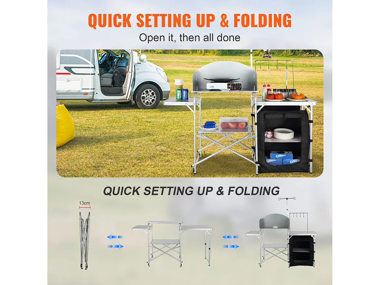 Table de Cuisine de Camping Portable SucceBuy, Table de Jardin, Station de Barbecue Pliante avec Pare-Brise