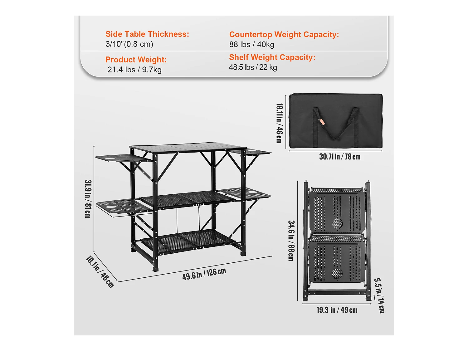 Table de Cuisine de Camping Portable SucceBuy, Station de Cuisson Portable avec 5 Tables et 2 Étagères