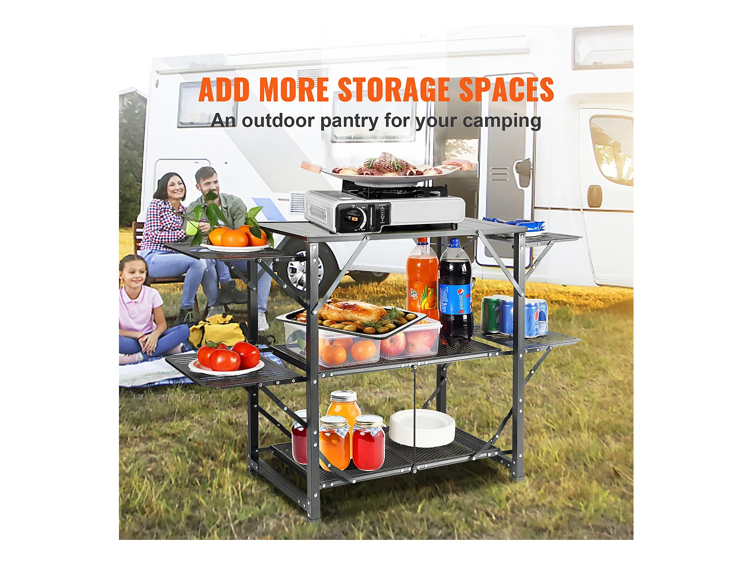 Table de Cuisine de Camping Portable SucceBuy, Station de Cuisson Portable avec 5 Tables et 2 Étagères
