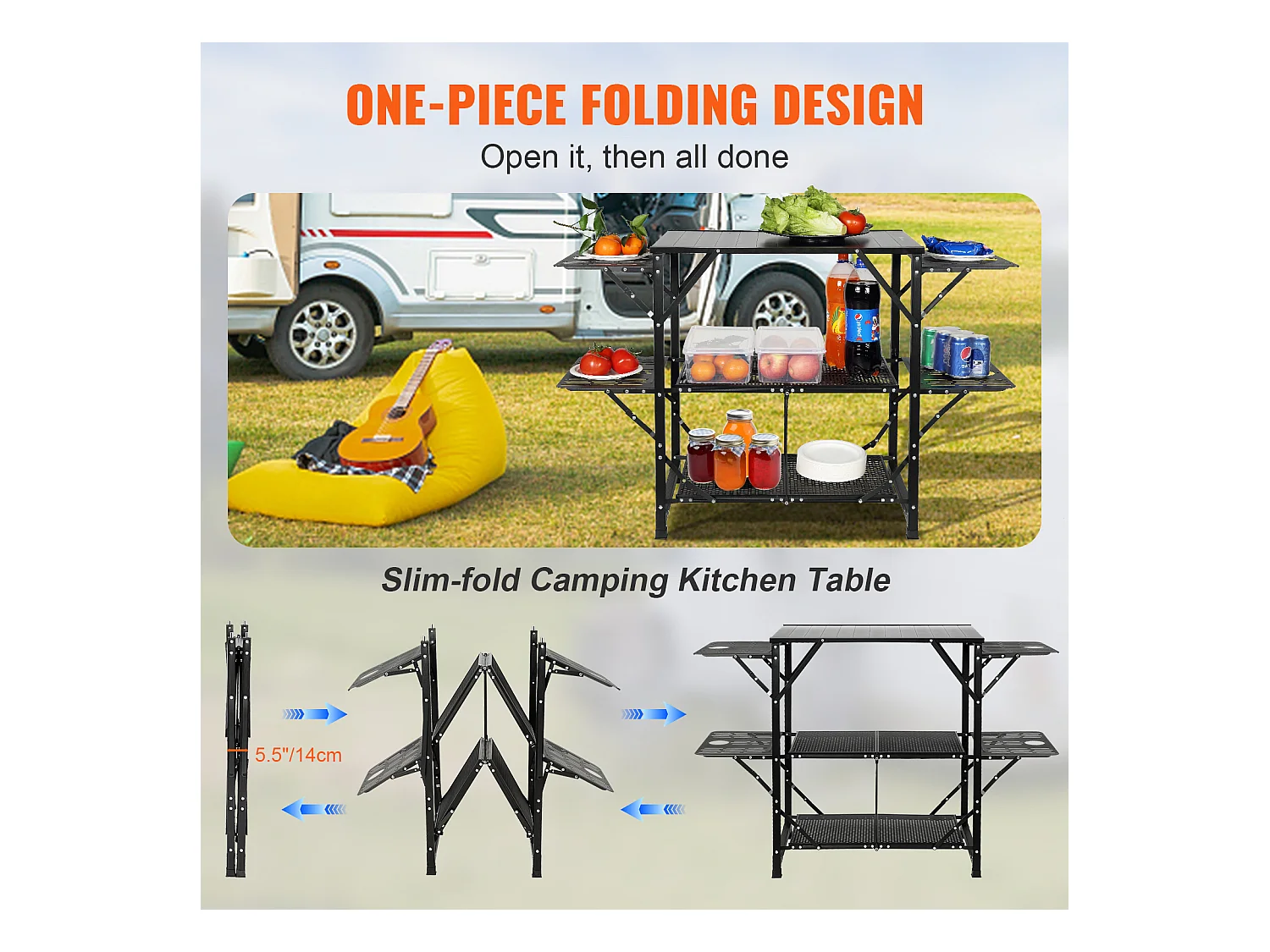 Table de Cuisine de Camping Portable SucceBuy, Station de Cuisson Portable avec 5 Tables et 2 Étagères