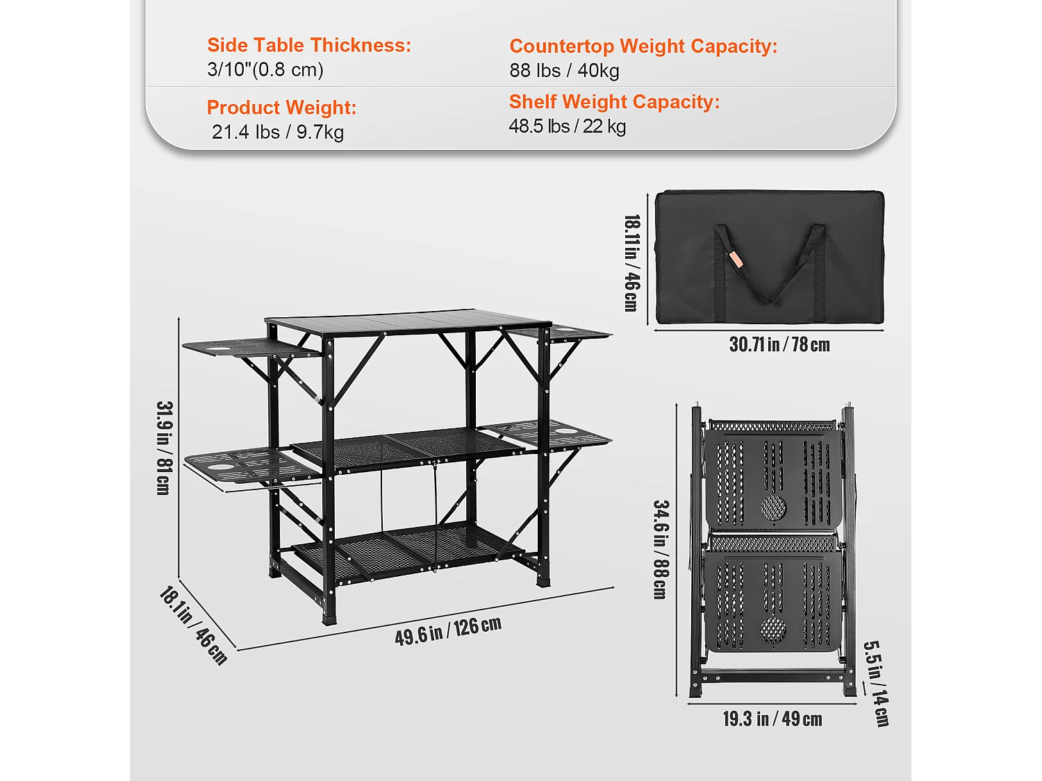 Table de Cuisine de Camping Portable SucceBuy, Station de Cuisson Portable avec 5 Tables et 2 Étagères