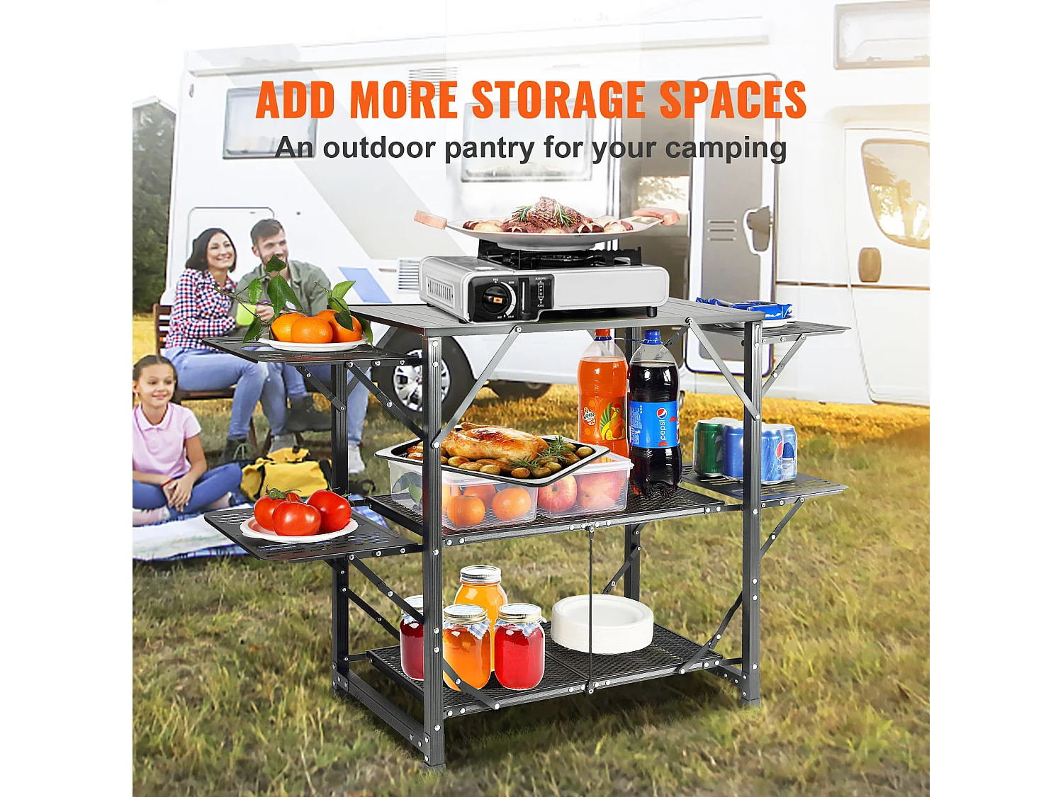 Table de Cuisine de Camping Portable SucceBuy, Station de Cuisson Portable avec 5 Tables et 2 Étagères