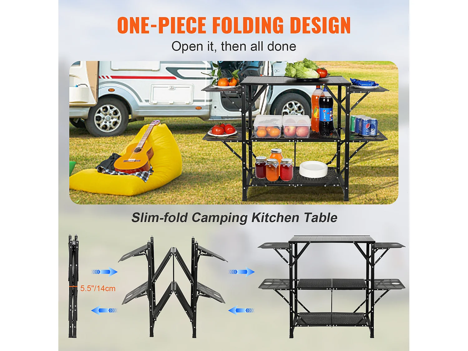 Table de Cuisine de Camping Portable SucceBuy, Station de Cuisson Portable avec 5 Tables et 2 Étagères