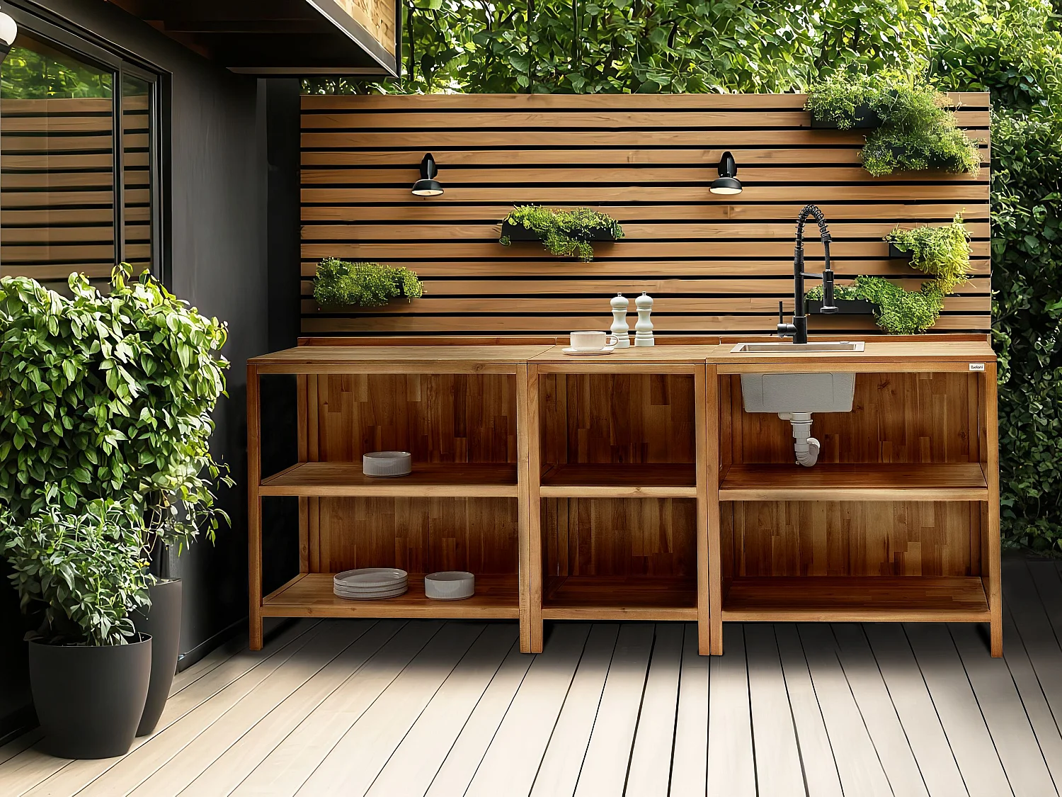 Isola per cucina esterna con lavello VENOSA Legno d'acacia Marrone