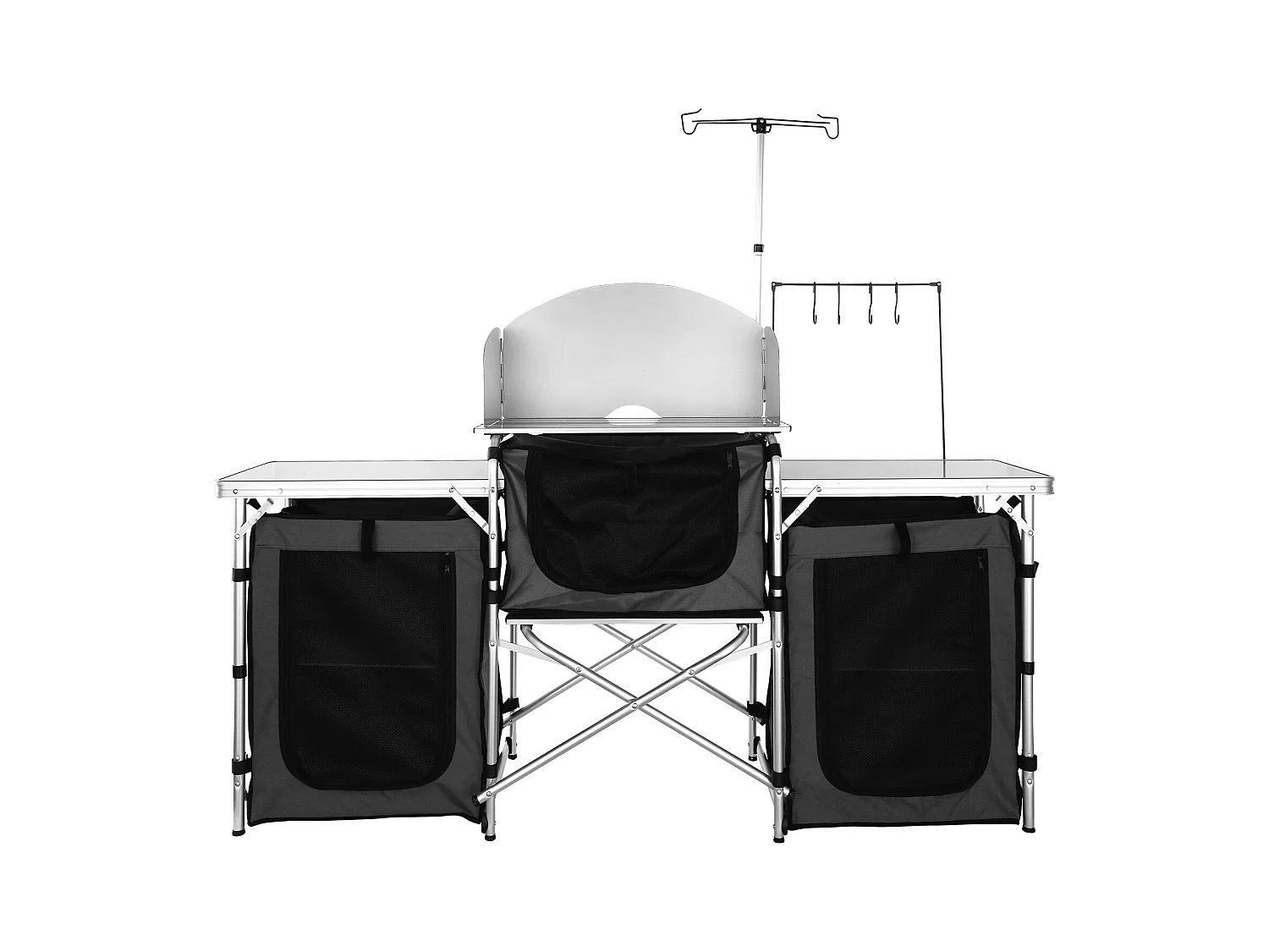 Table de Cuisine de Camping Portable  SucceBuy, Table de Jardin, Table de Cuisson Pliable avec 3 Placards, Noir