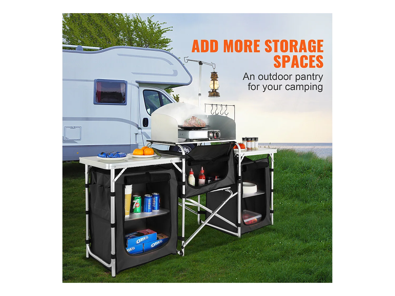 Table de Cuisine de Camping Portable  SucceBuy, Table de Jardin, Table de Cuisson Pliable avec 3 Placards, Noir