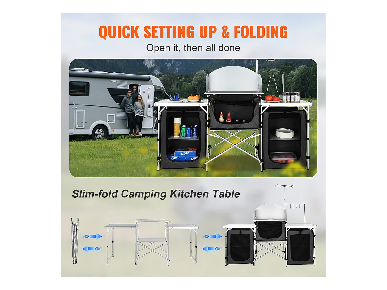 Table de Cuisine de Camping Portable  SucceBuy, Table de Jardin, Table de Cuisson Pliable avec 3 Placards, Noir