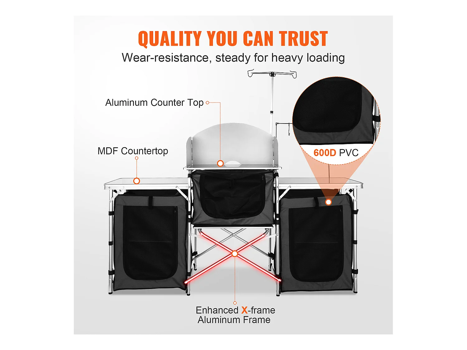 Table de Cuisine de Camping Portable  SucceBuy, Table de Jardin, Table de Cuisson Pliable avec 3 Placards, Noir