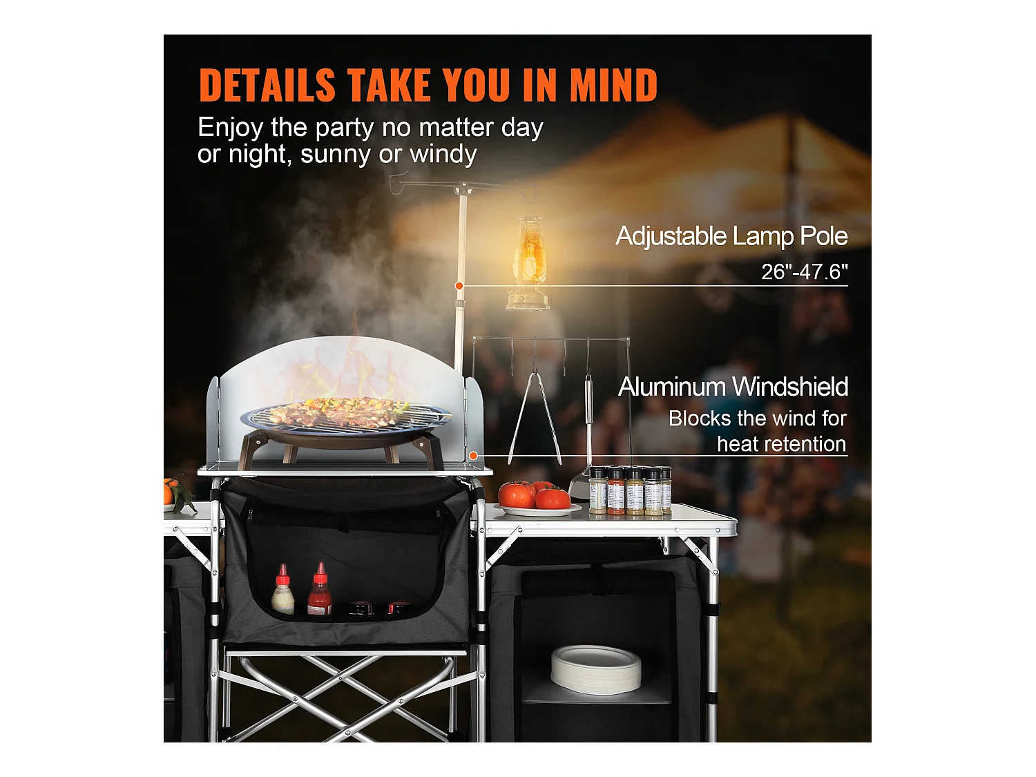 Table de Cuisine de Camping Portable  SucceBuy, Table de Jardin, Table de Cuisson Pliable avec 3 Placards, Noir