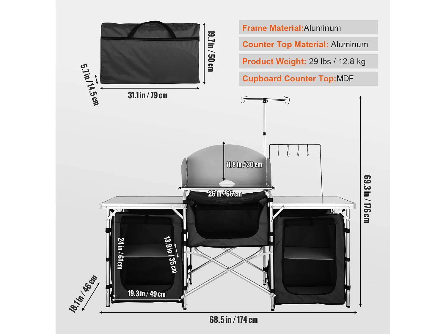 Table de Cuisine de Camping Portable  SucceBuy, Table de Jardin, Table de Cuisson Pliable avec 3 Placards, Noir