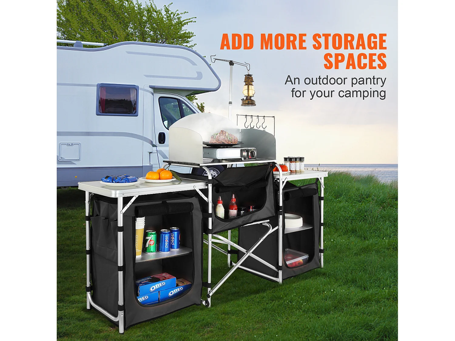 Table de Cuisine de Camping Portable  SucceBuy, Table de Jardin, Table de Cuisson Pliable avec 3 Placards, Noir