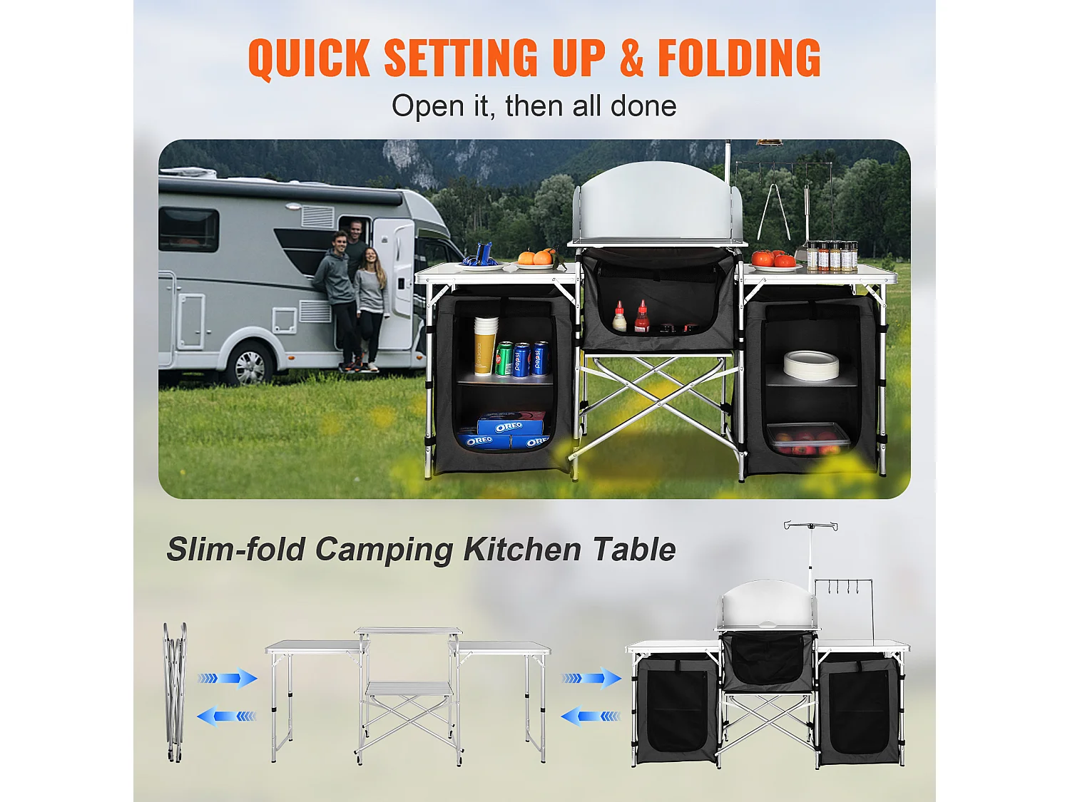 Table de Cuisine de Camping Portable  SucceBuy, Table de Jardin, Table de Cuisson Pliable avec 3 Placards, Noir