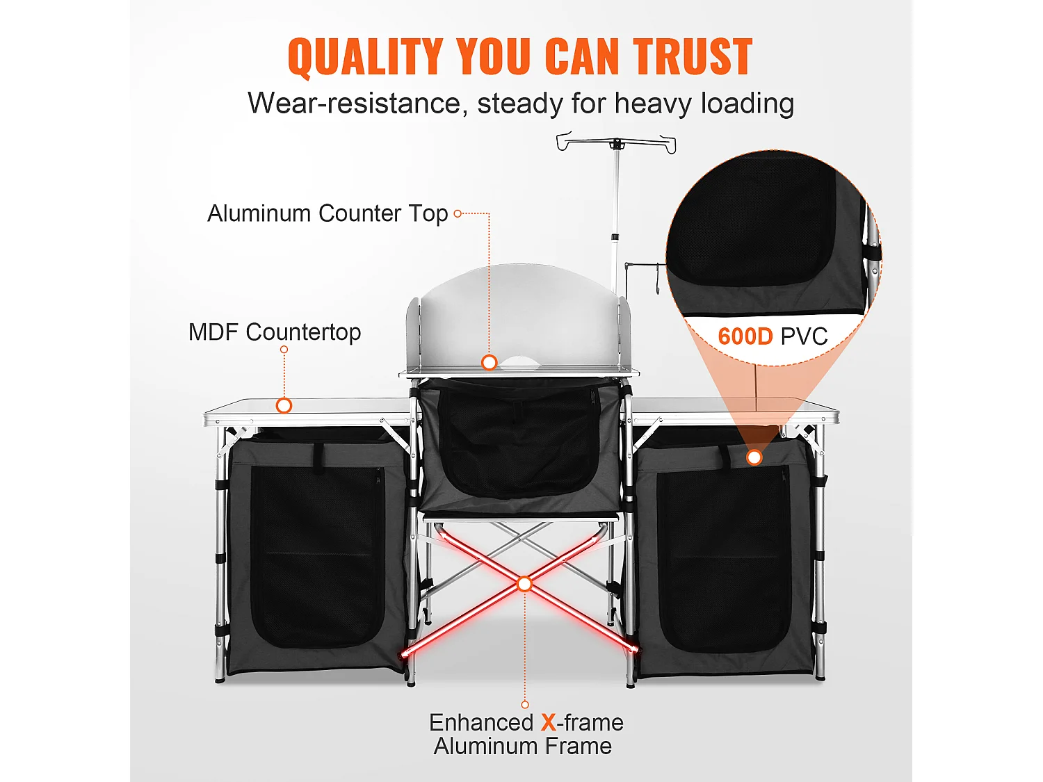 Table de Cuisine de Camping Portable  SucceBuy, Table de Jardin, Table de Cuisson Pliable avec 3 Placards, Noir