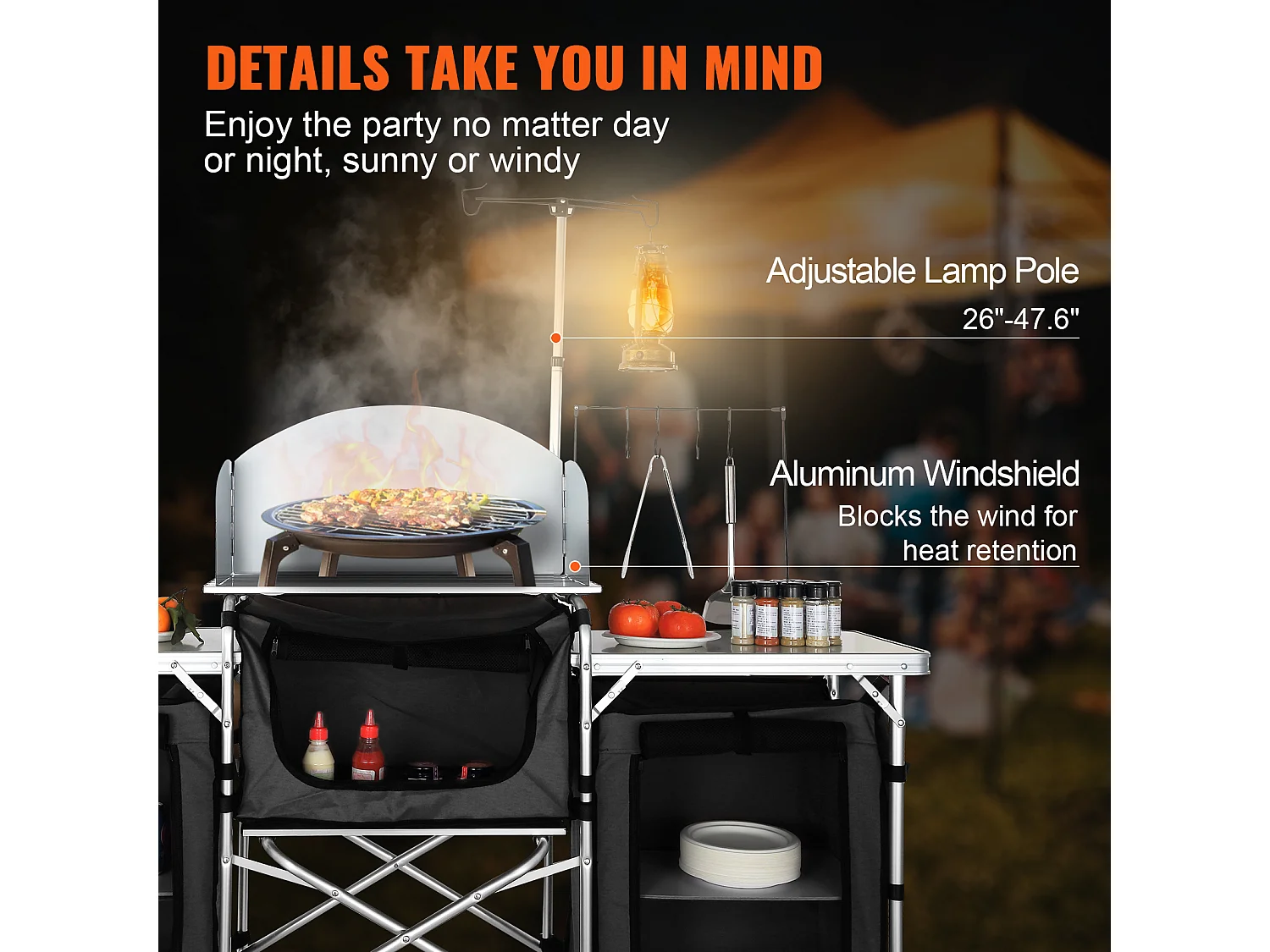 Table de Cuisine de Camping Portable  SucceBuy, Table de Jardin, Table de Cuisson Pliable avec 3 Placards, Noir