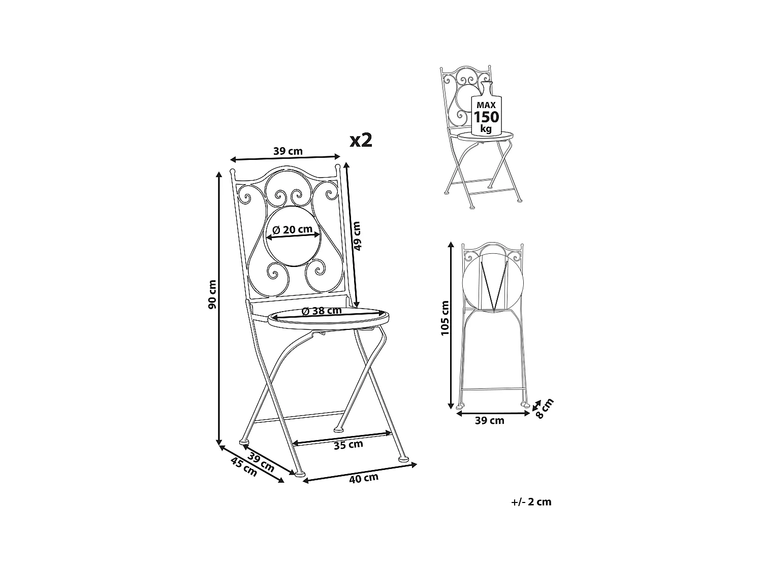 Set di 2 sedie da giardino CORIANO Pieghevole Metallo Nero