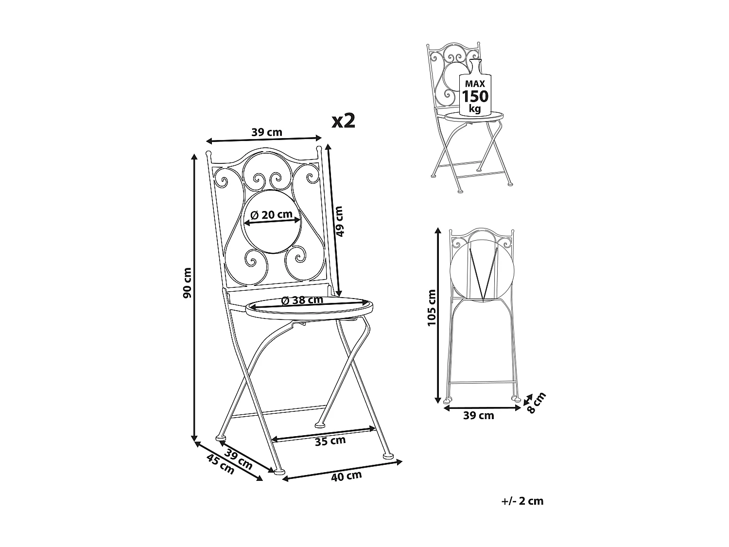 Lot de 2 chaises de jardin CORIANO Pliant Métal Noir