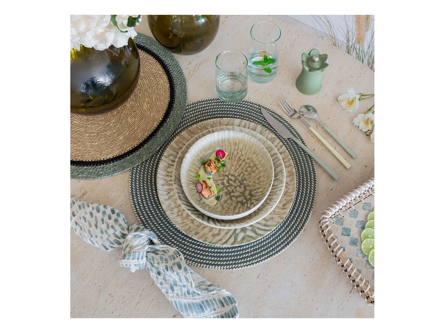 Novastyl - Lot 6 Coupelles Jade 600ml En Gres Beige Et Vert