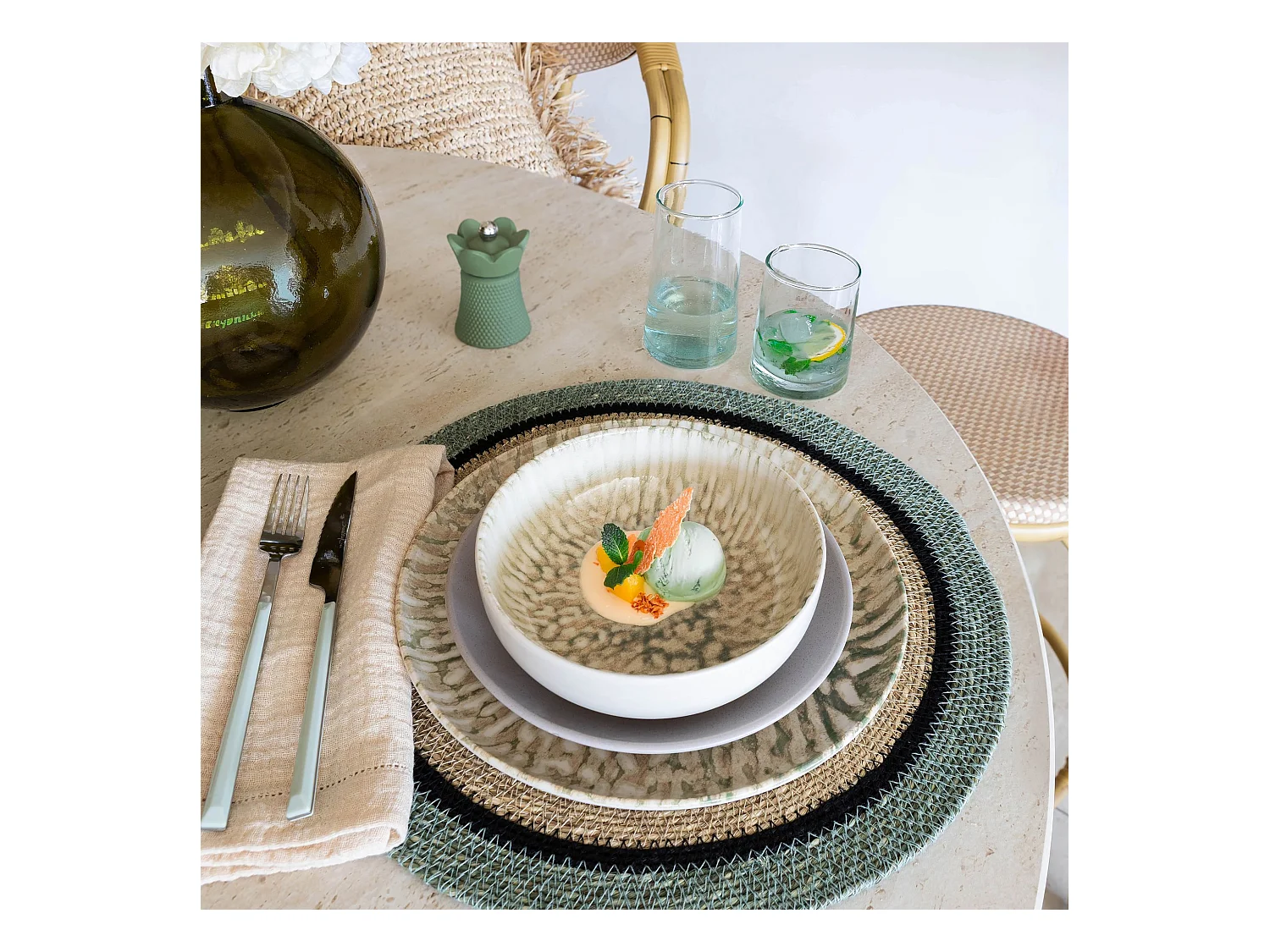 Novastyl - Lot 6 Coupelles Jade 600ml En Gres Beige Et Vert