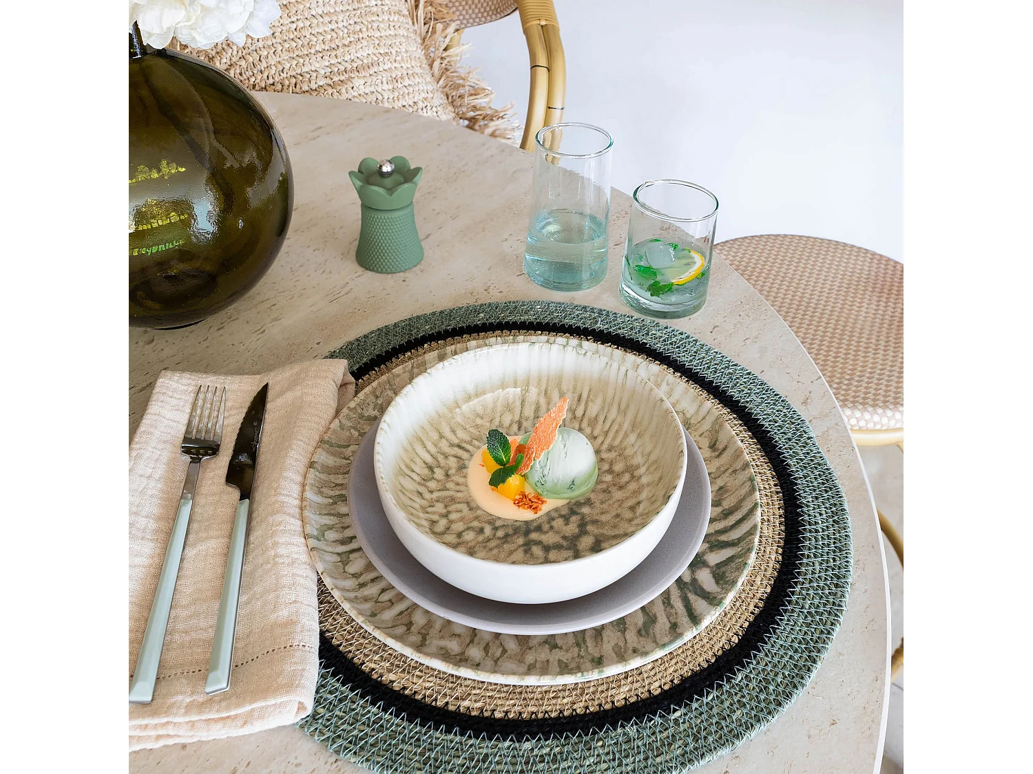 Novastyl - Lot 6 Coupelles Jade 600ml En Gres Beige Et Vert