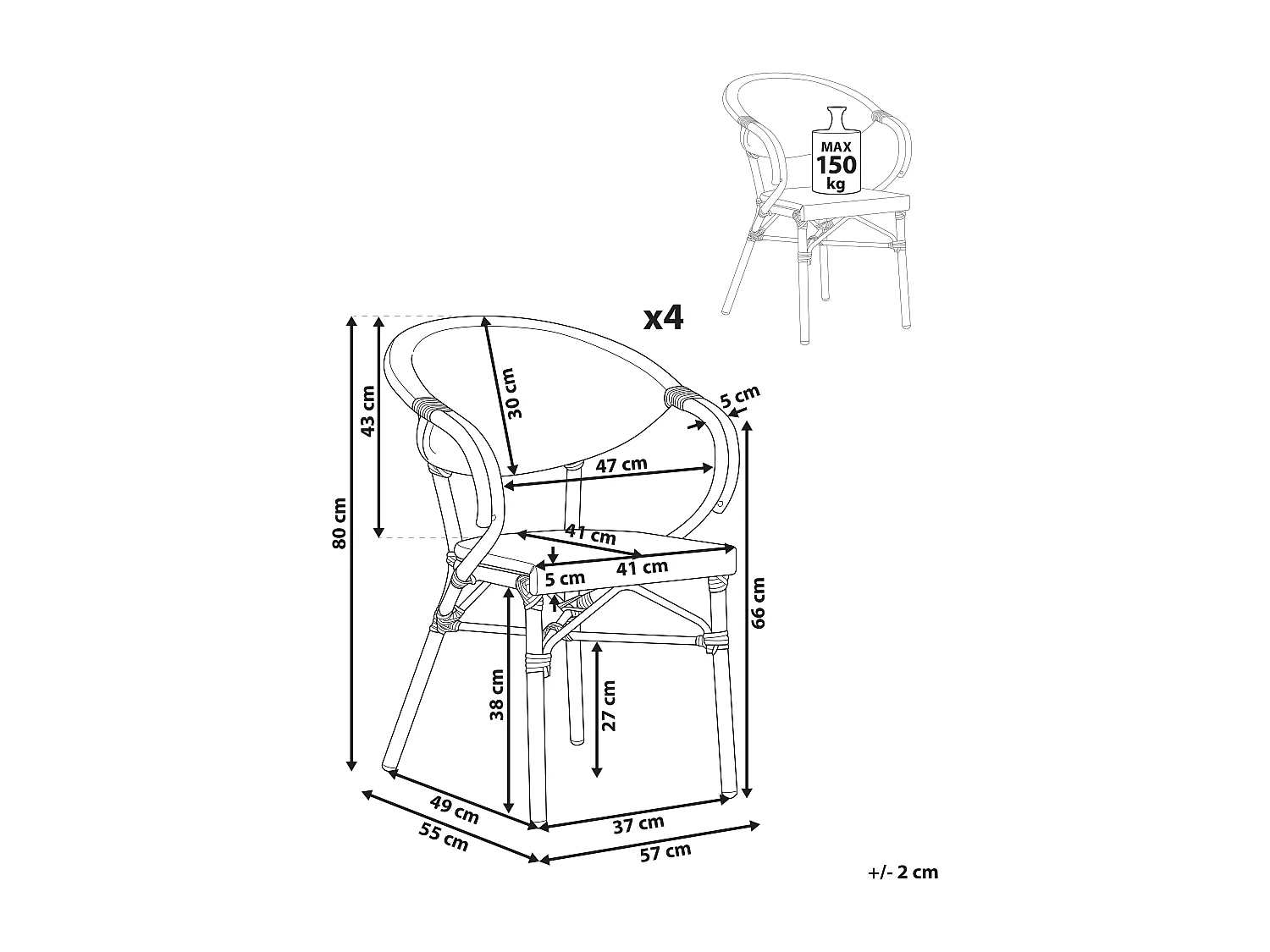 Lot de 4 chaises de jardin CASPRI Noir/blanc