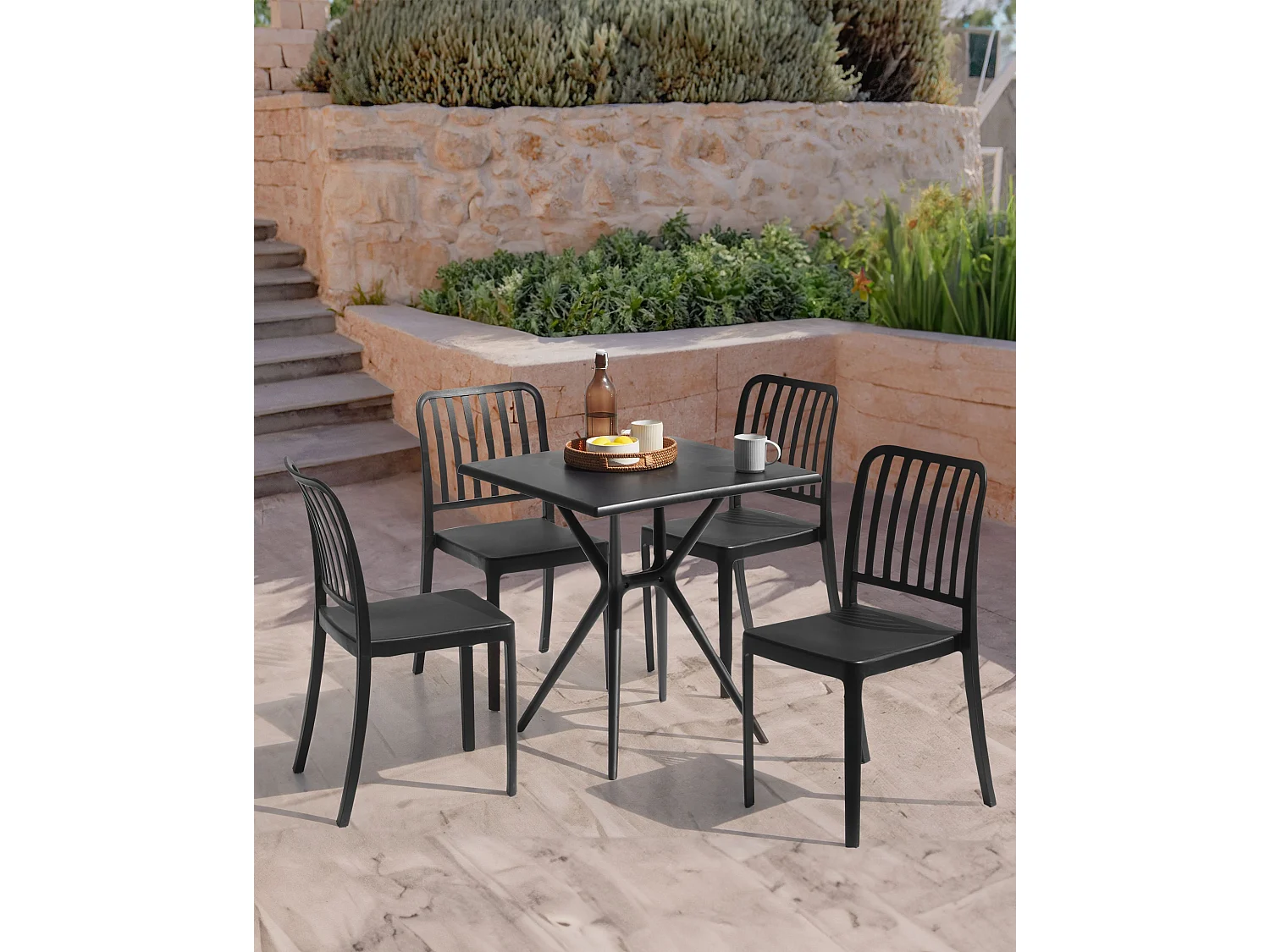 Gartenstuhl 4er Set SERSALE Kunststoff Schwarz