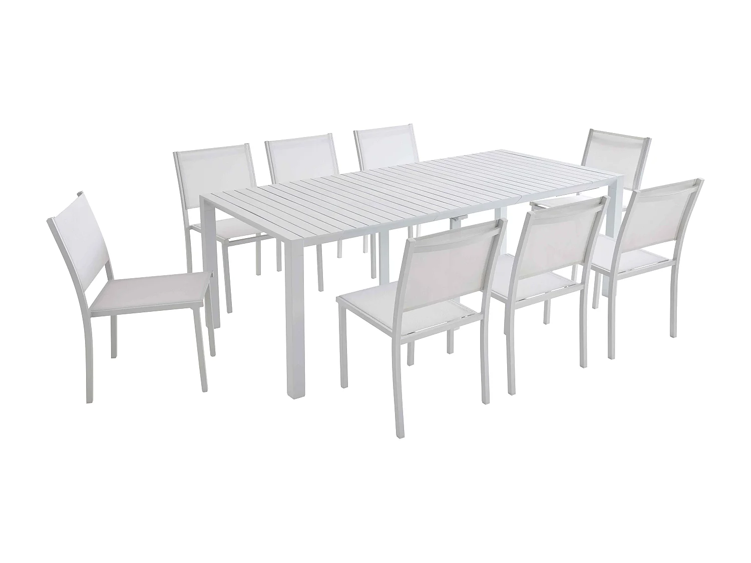 Uitschuifbare tafel en 8 tuinstoelenset in wit aluminium