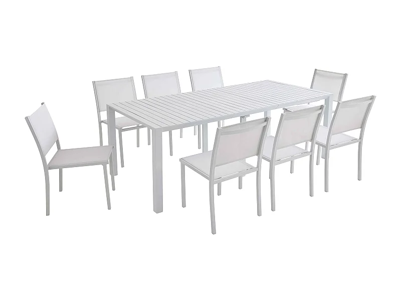 Ensemble table extensible et 8 chaises de jardin en aluminium blanc