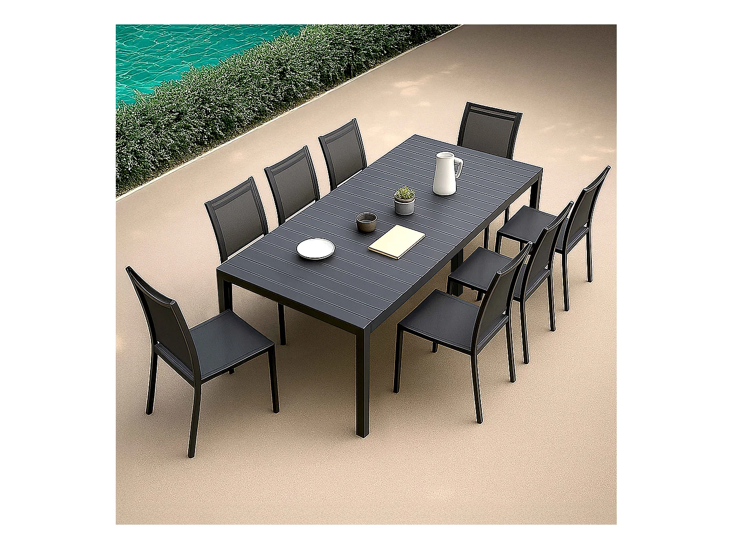 Ensemble table extensible et 8 chaises de jardin en aluminium gris