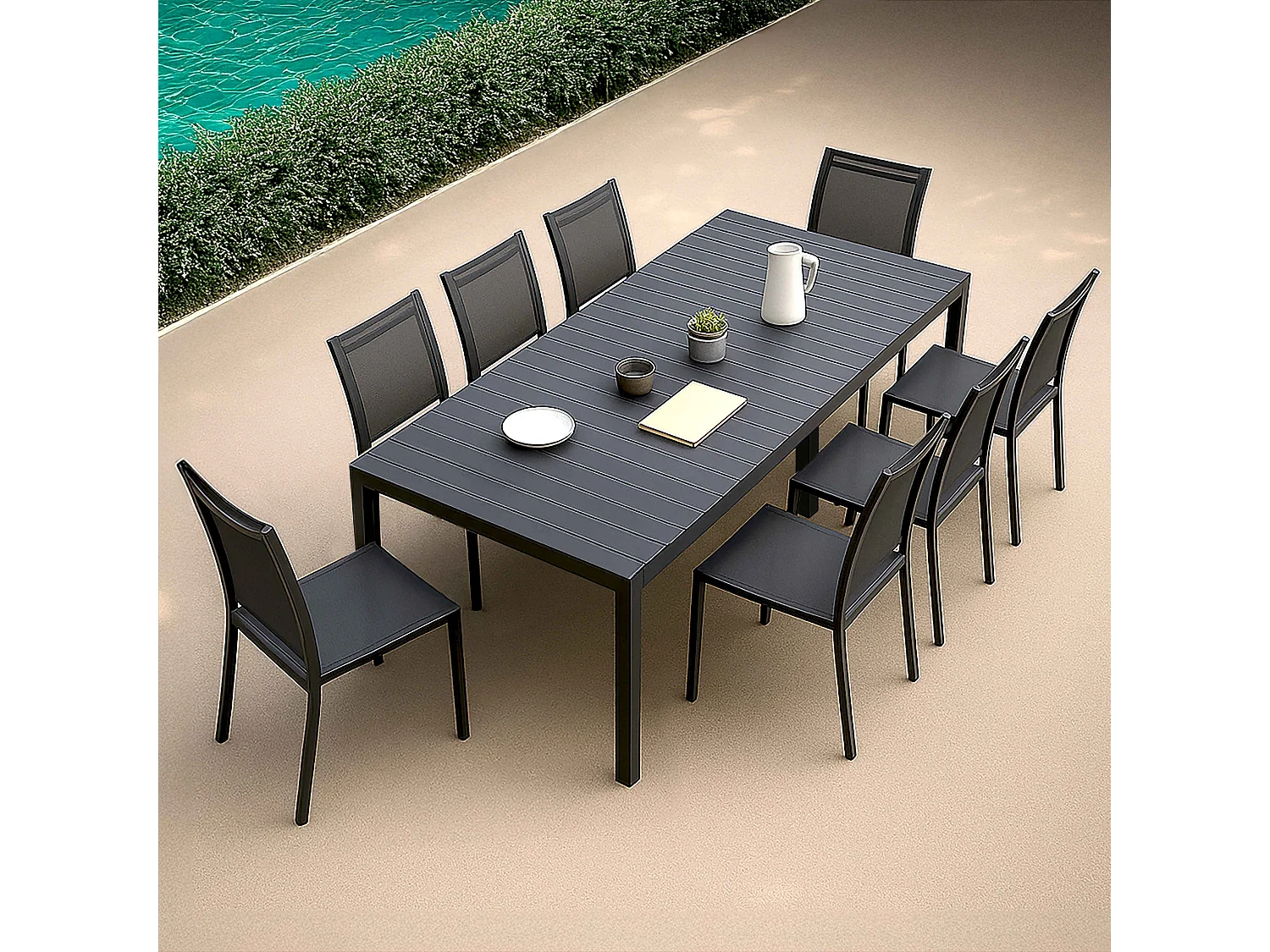 Ensemble table extensible et 8 chaises de jardin en aluminium gris