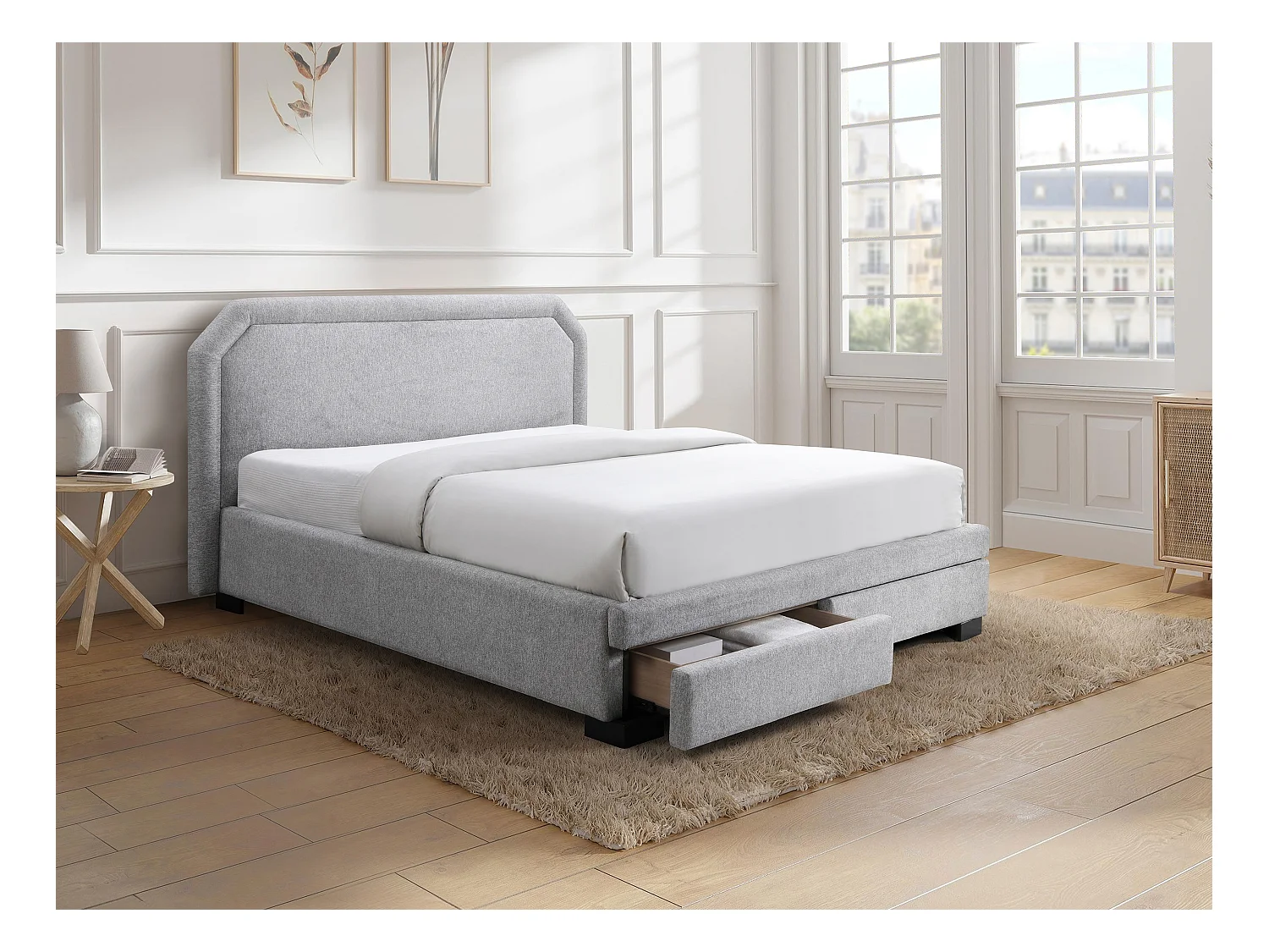 Lit avec tiroirs 140 x 190 cm - Tissu - Gris clair + Matelas - INASTO