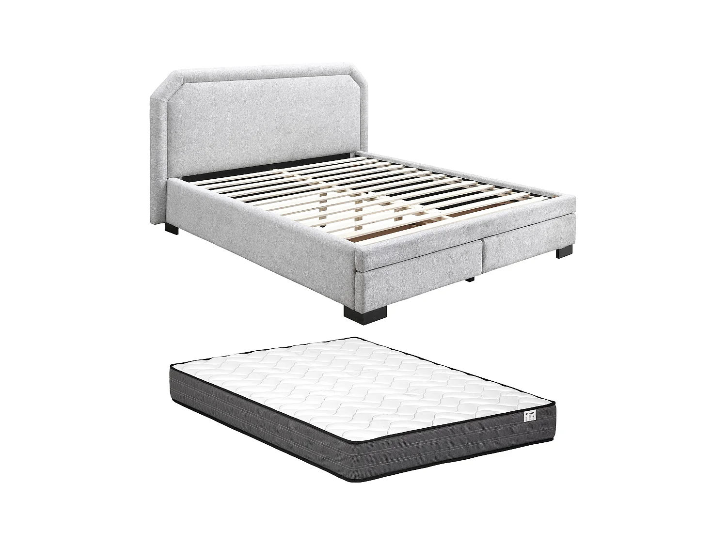 Bett mit Schubladen + Matratze - 140 x 190 cm - Stoff - Hellgrau - INASTO