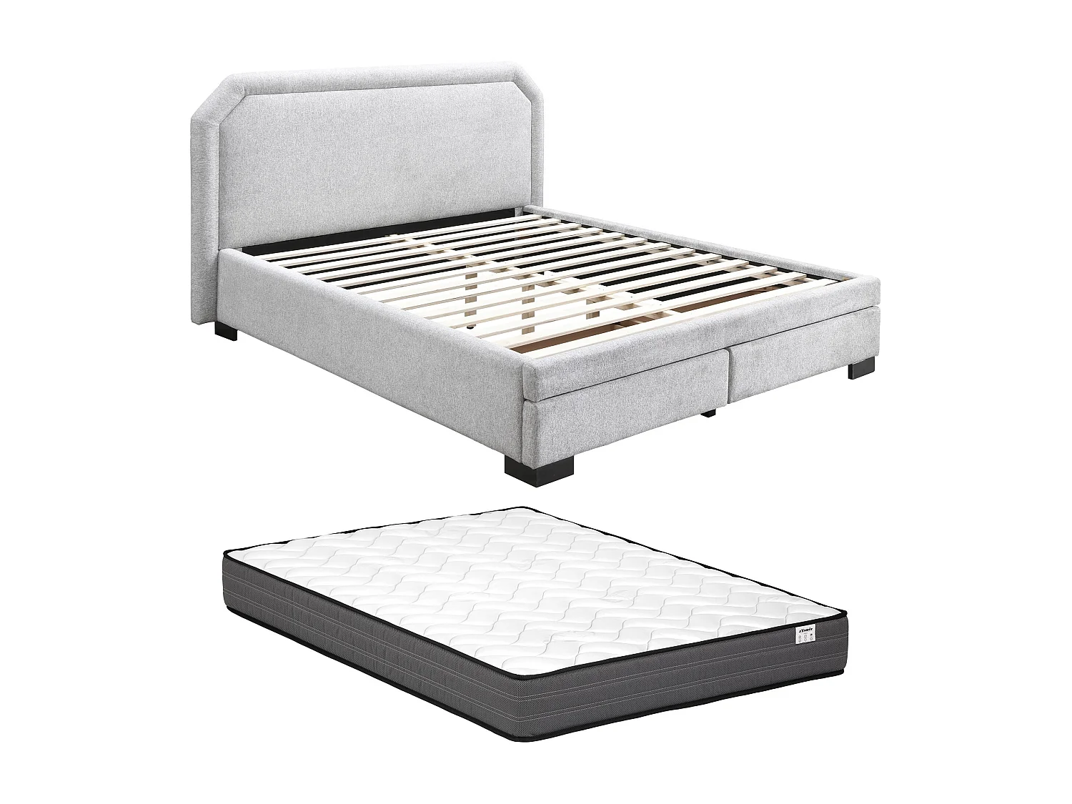 Lit avec tiroirs 140 x 190 cm - Tissu - Gris clair + Matelas - INASTO