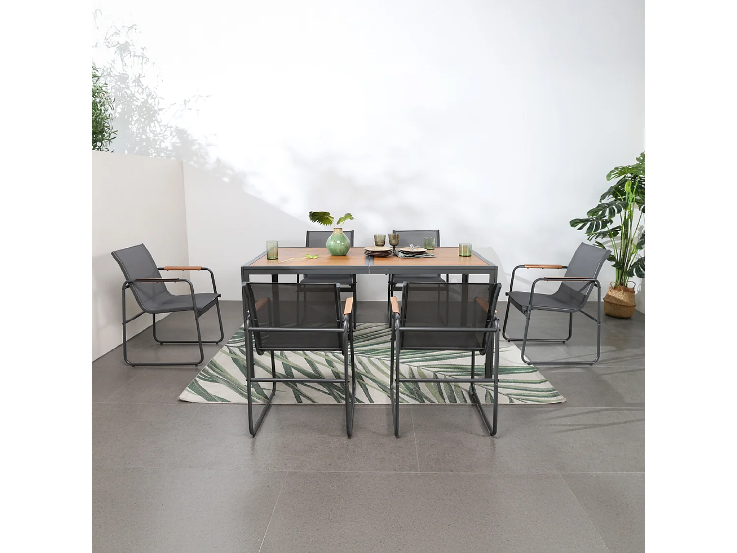 Set da giardino 6 posti antracite e legno con sedie impilabili