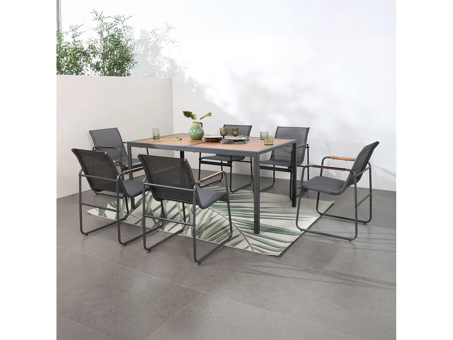 Set da giardino 6 posti antracite e legno con sedie impilabili