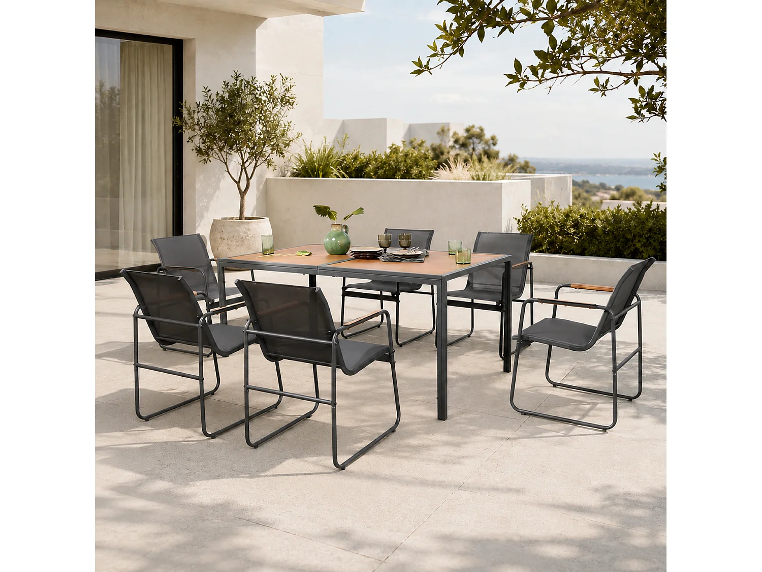 Set da giardino 6 posti antracite e legno con sedie impilabili