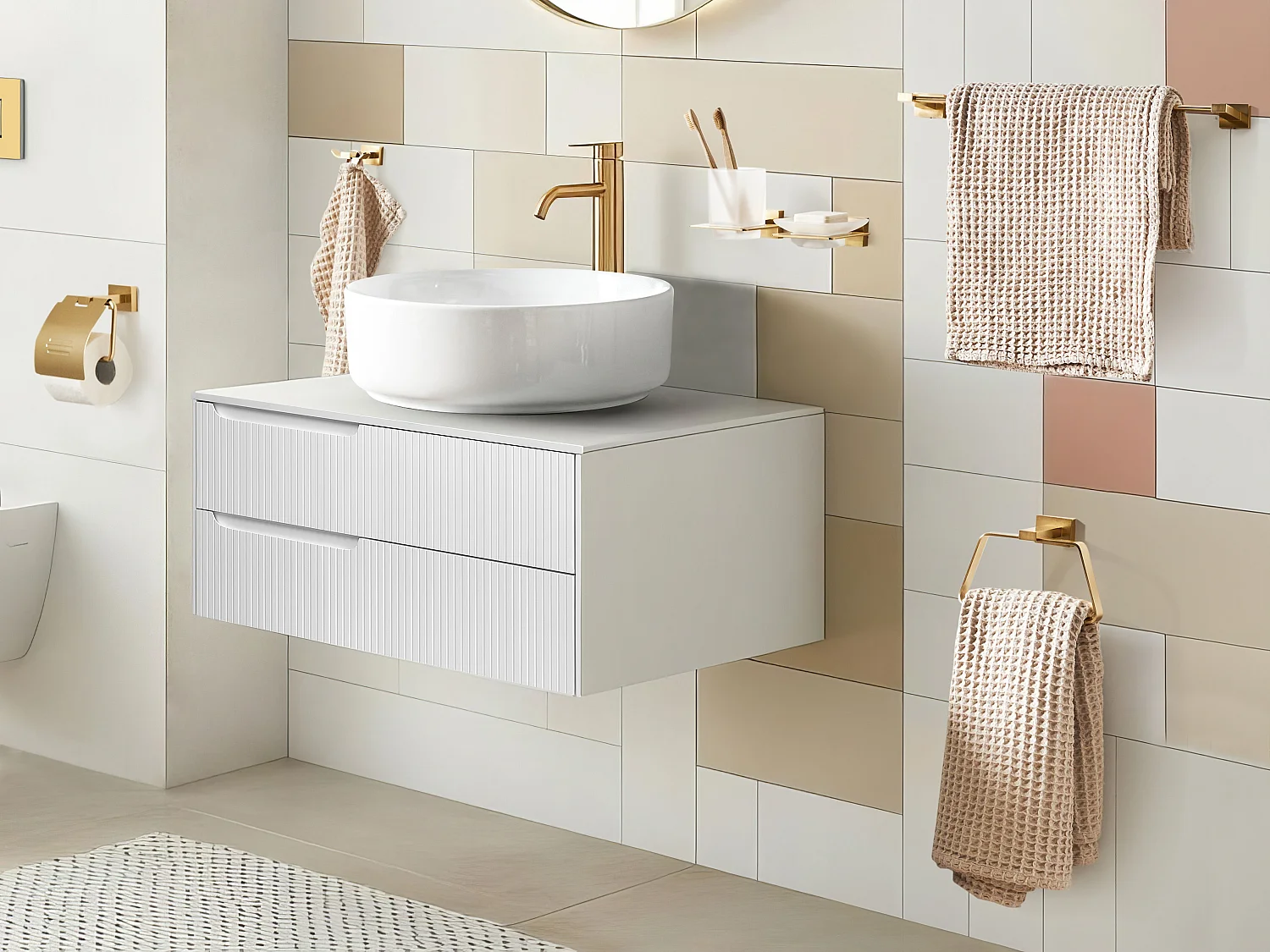 Lot de 6 pièces de quincaillerie pour salle de bain RIOHACHA avec porte-serviettes et crochets Doré