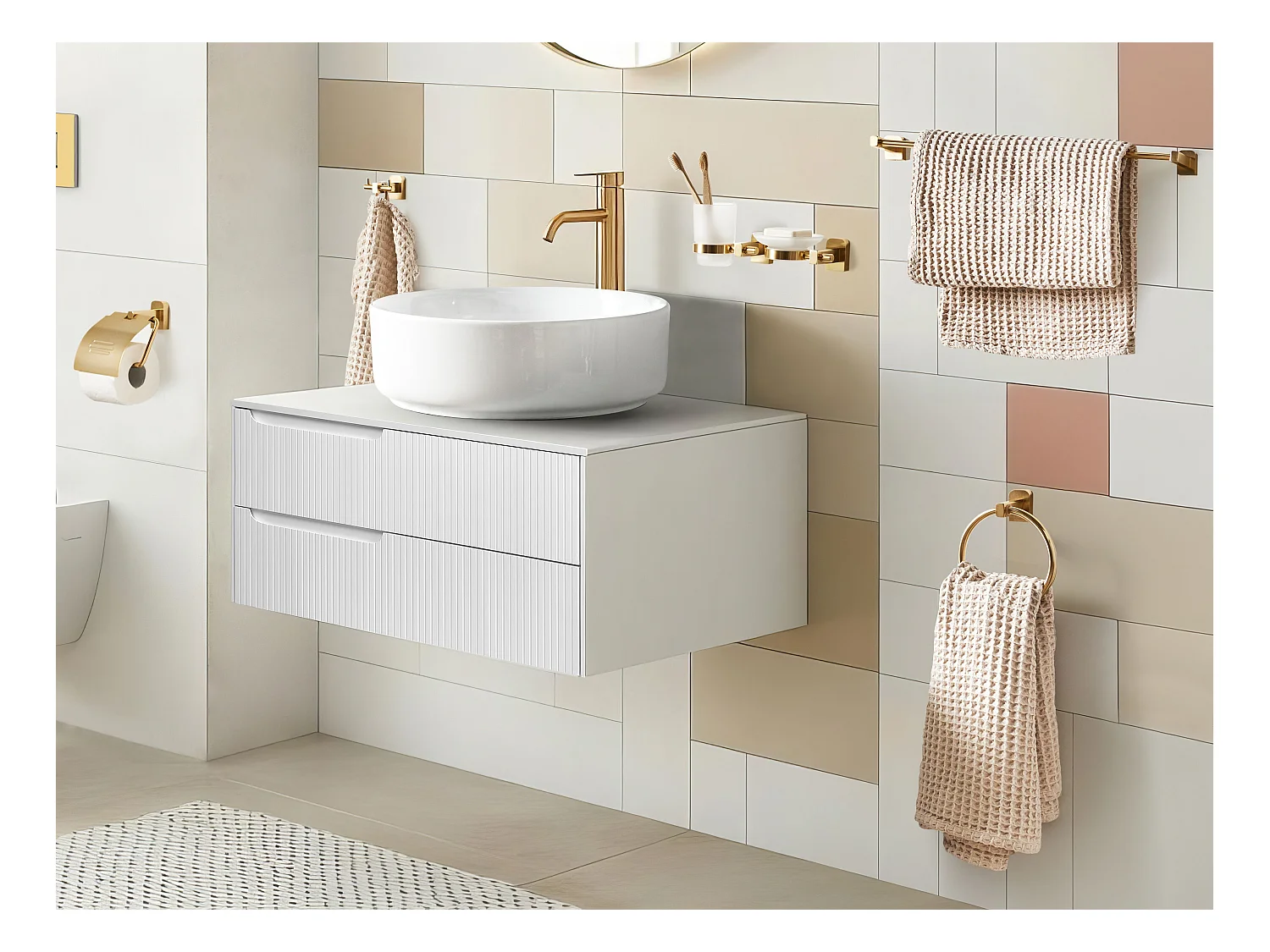 Lot de 6 pièces de quincaillerie pour salle de bain POCONE avec porte-serviettes et crochets Doré