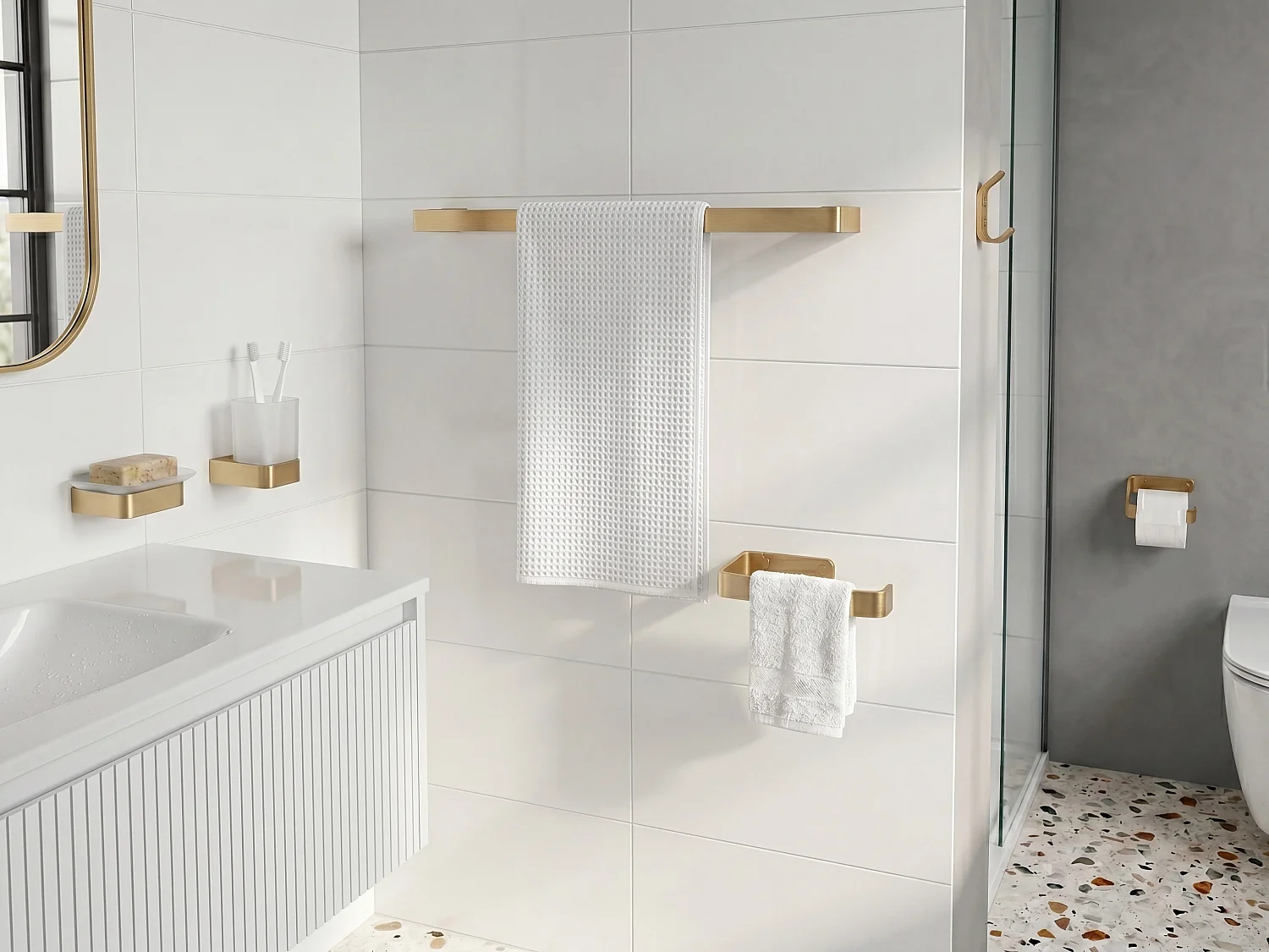 Lot de 6 pièces de quincaillerie pour salle de bain TUMACO avec porte-serviettes et crochets Doré
