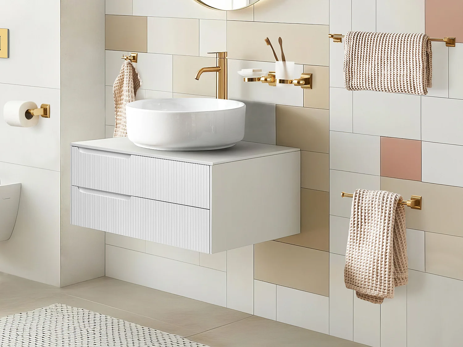 Lot de 6 pièces de quincaillerie pour salle de bain TALARA avec porte-serviettes et crochets Doré
