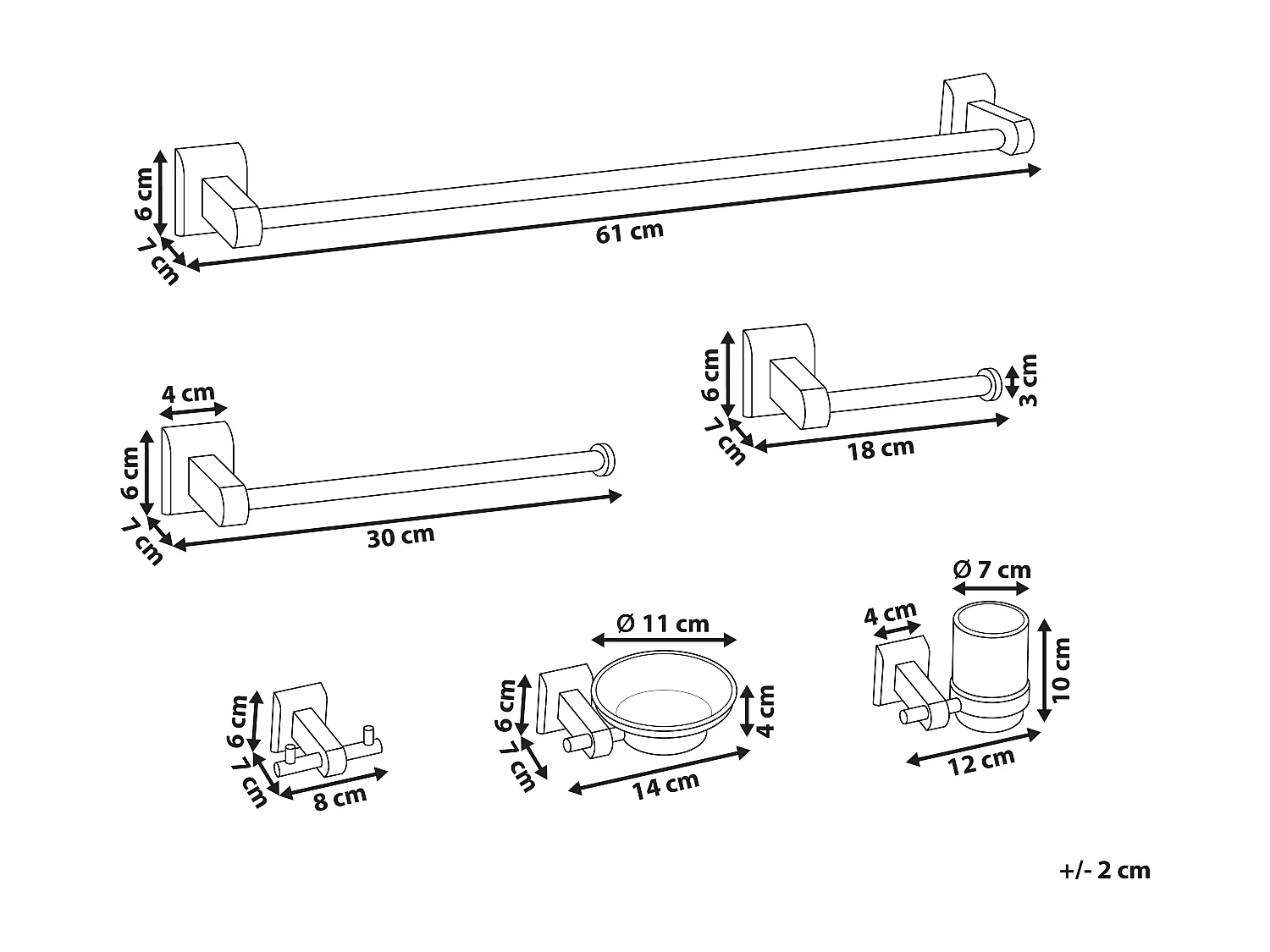 Lot de 6 pièces de quincaillerie pour salle de bain TALARA avec porte-serviettes et crochets Argenté