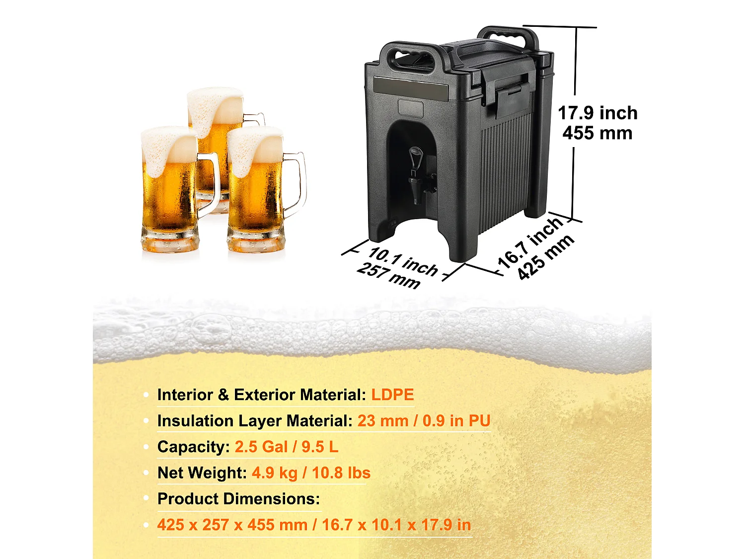 Distributeur SucceBuy de Boissons Isotherme de 9.5 L, pour Boissons Chaudes et Froides, PEBD de Qualité Alimentaire