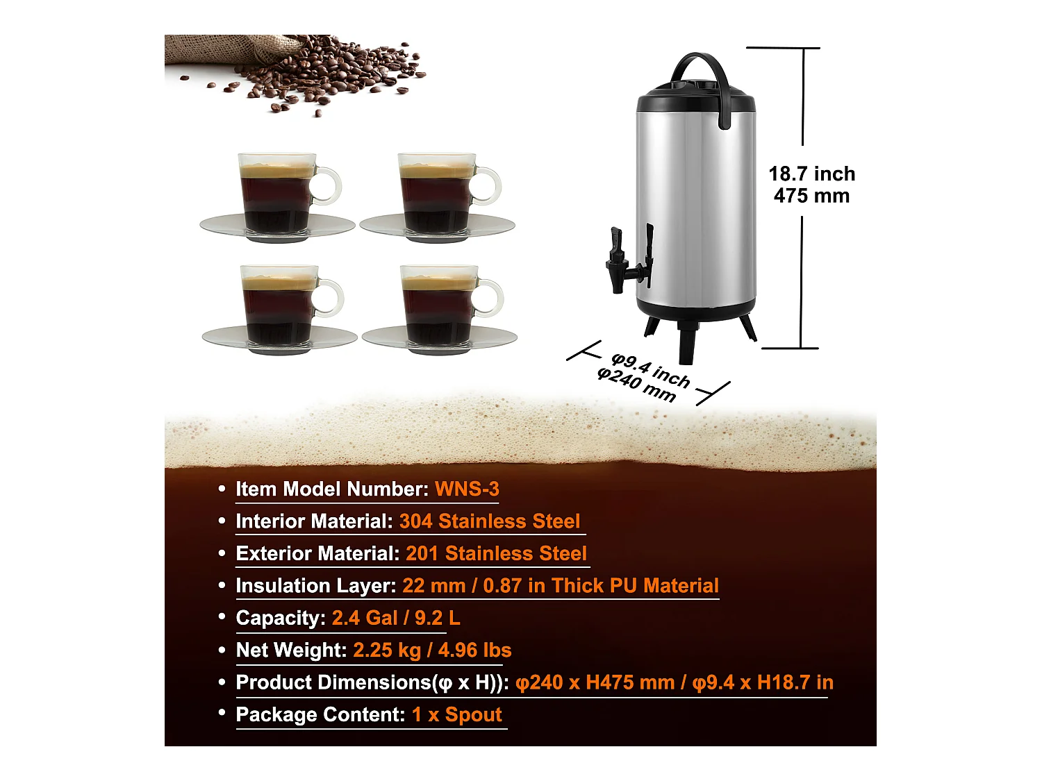 Getränkespender SucceBuy Isoliert SucceBuy 9.2L aus Edelstahl mit Hahn, Lebensmittelqualität für Restaurants