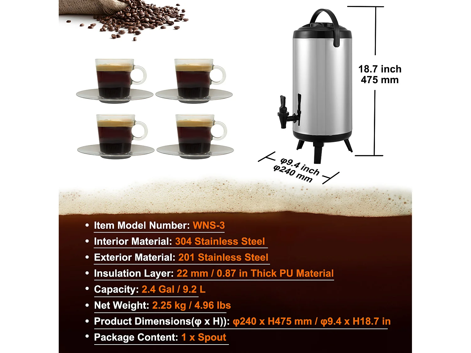 Dispensador SucceBuy de Bebidas Isotérmico SucceBuy 9.2L de Acero Inoxidable con Grifo, Calidad Alimentaria para Restaurantes