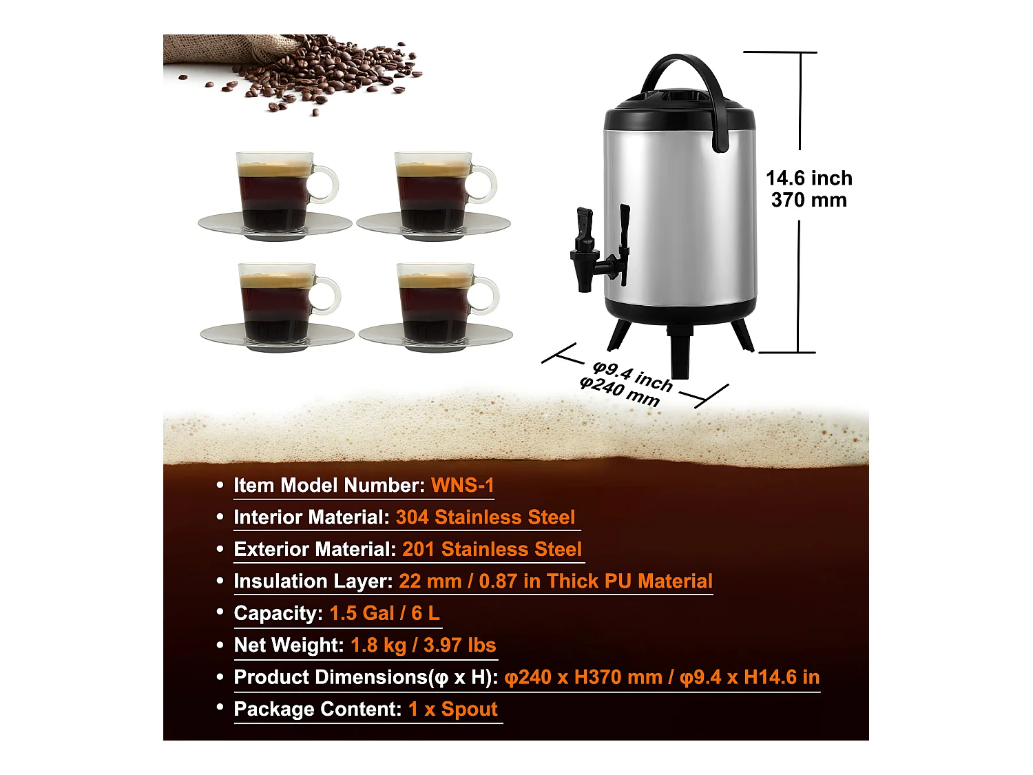 Distributeur SucceBuy de Boissons Chaudes et Froides Isolé 6L en Acier Inoxydable avec Robinet, Qualité Alimentaire pour Restaurants