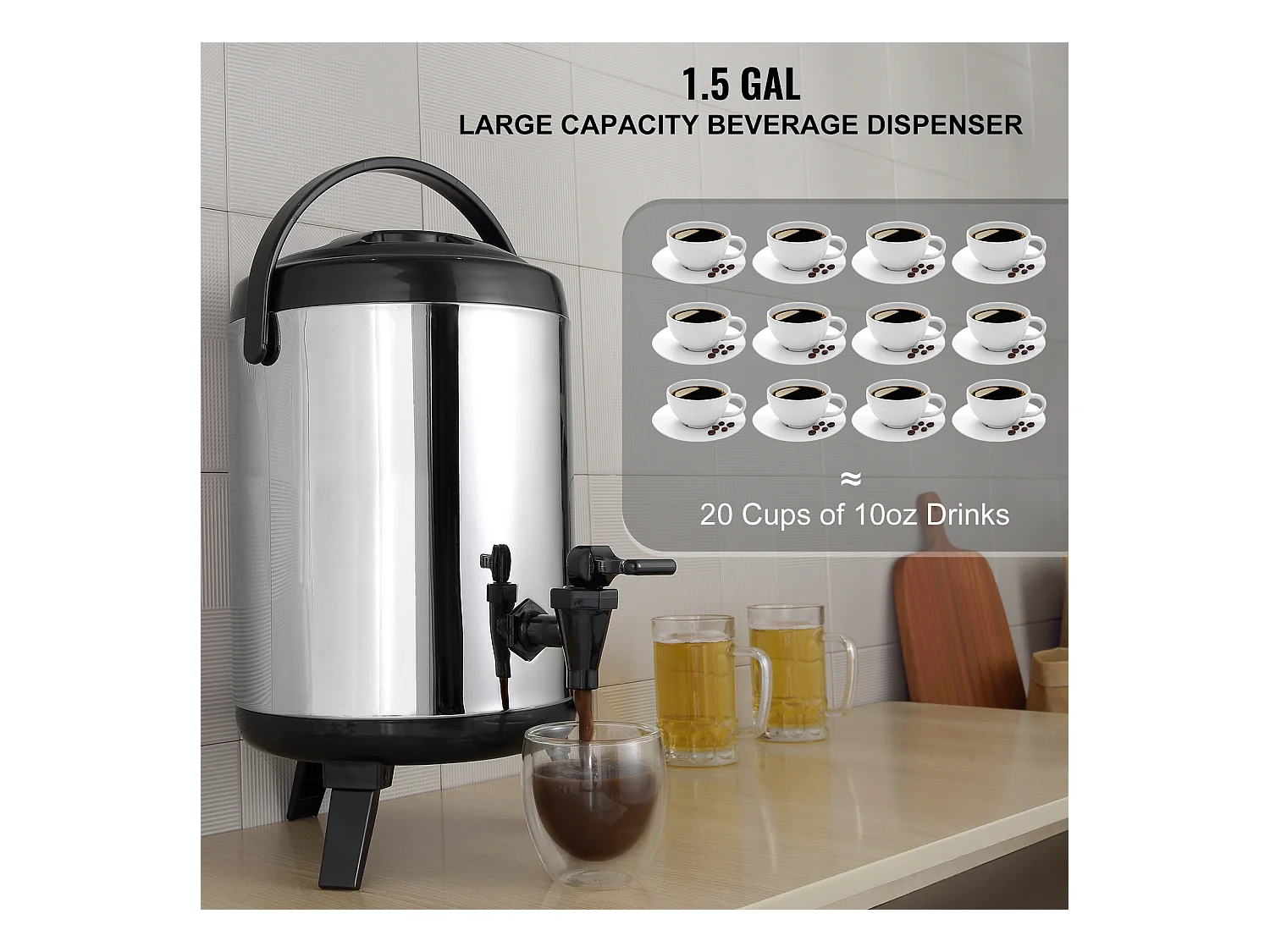 Distributeur SucceBuy de Boissons Chaudes et Froides Isolé 6L en Acier Inoxydable avec Robinet, Qualité Alimentaire pour Restaurants