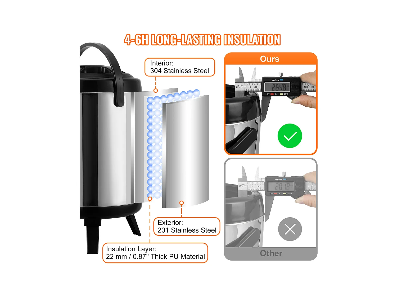 Distributeur SucceBuy de Boissons Chaudes et Froides Isolé 6L en Acier Inoxydable avec Robinet, Qualité Alimentaire pour Restaurants